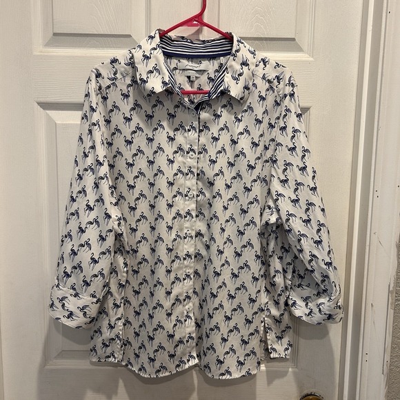 Foxcroft Womens 18W Fitted Button Shirt Flip Cuff Flamingo Boho Blouse No Iron - Picture 1 of 5